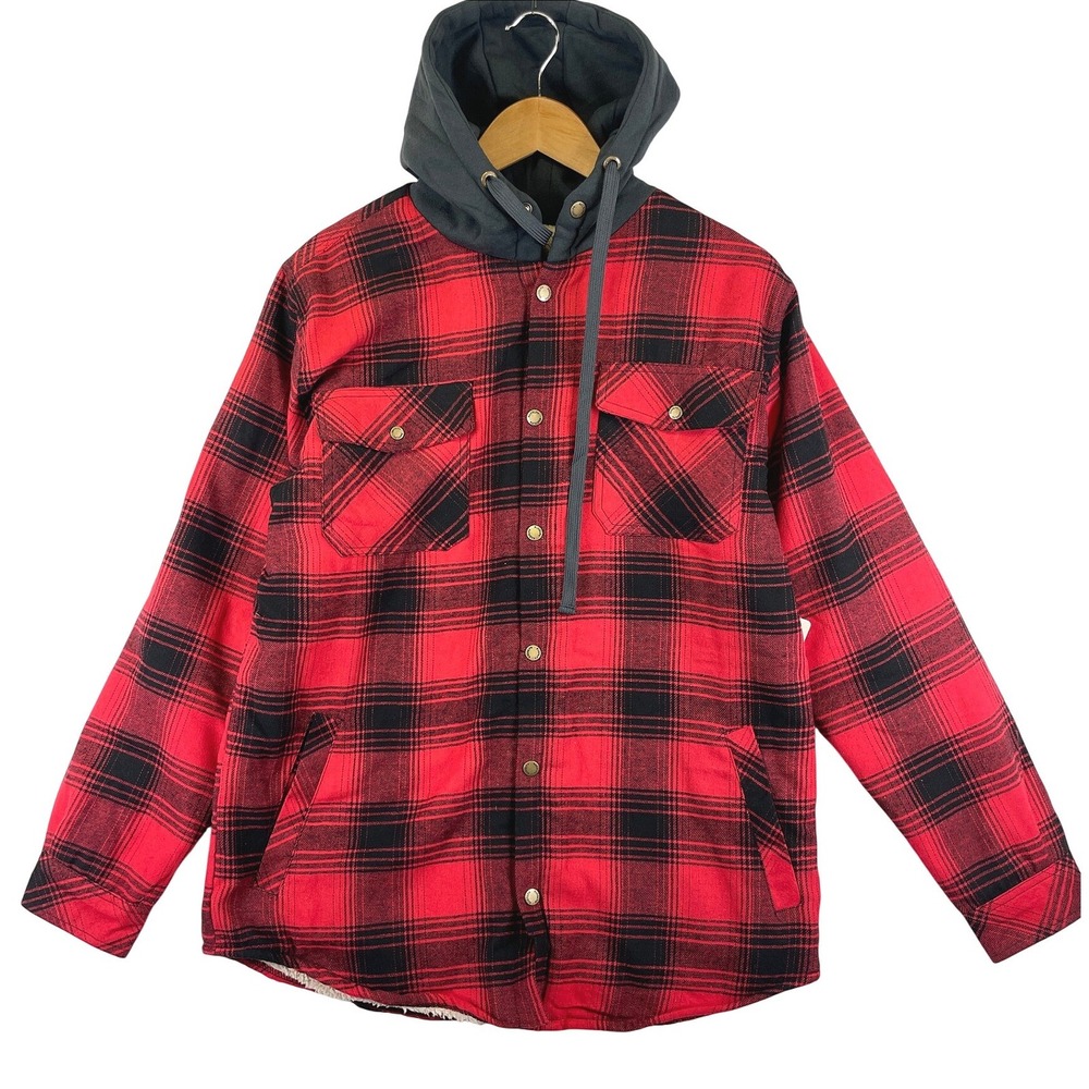 Rudolph Euro Joy Men's L Red Black Buffalo Plaid Sherpa Lined Hooded Shacket